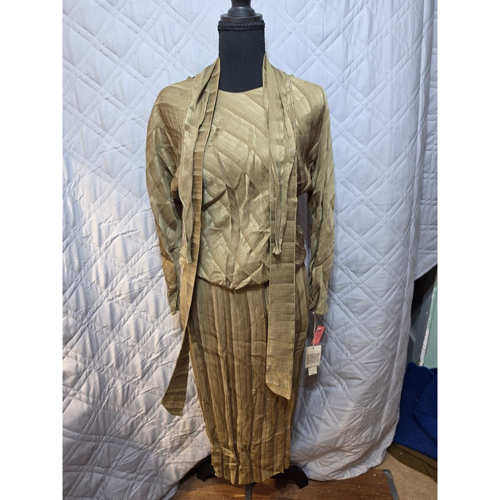 Vintage Don Wolf 100% Pure Silk 2 Pc Skirt Set Taupe Satin Stripe Belt Neck Tie